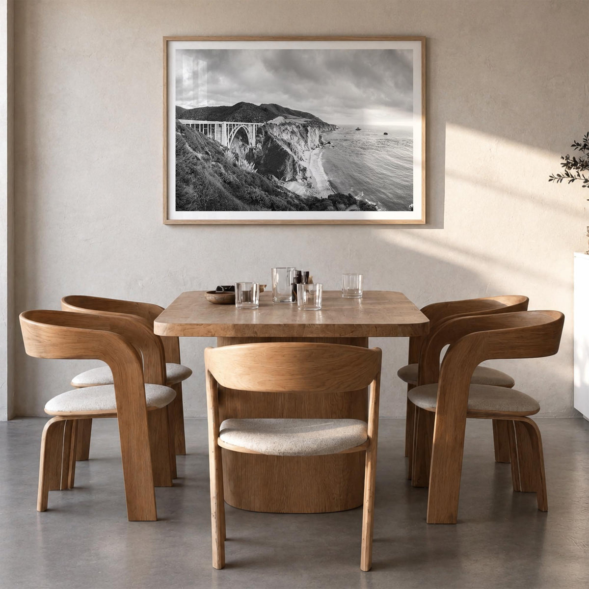 Monterey black & white photo poster of California, USA – horizontal wall art in natural wood frame with white border, hanging