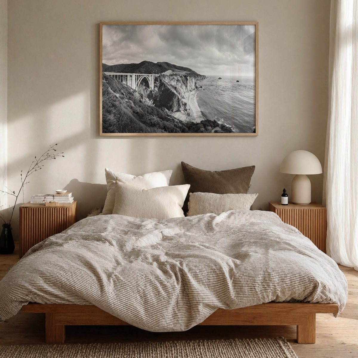 Monterey black & white photo poster of California, USA – horizontal wall art in natural wood frame, hanging on wall
