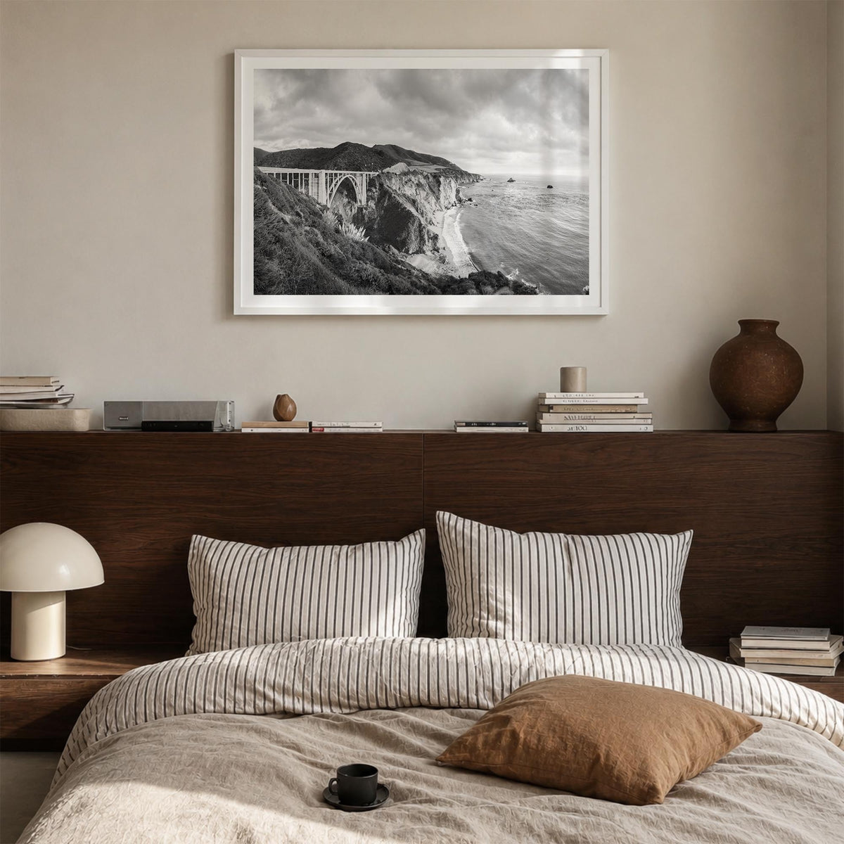 Monterey black & white photo poster of California, USA – horizontal wall art in white wood frame with white border, hanging o