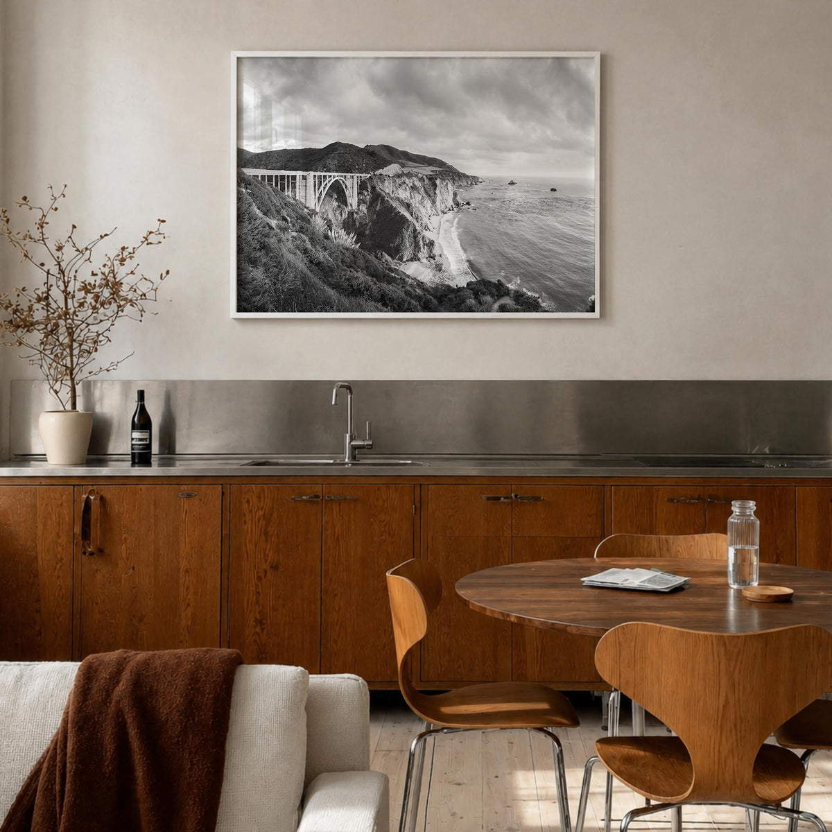 Monterey black & white photo poster of California, USA – horizontal wall art in white wood frame, hanging on wall