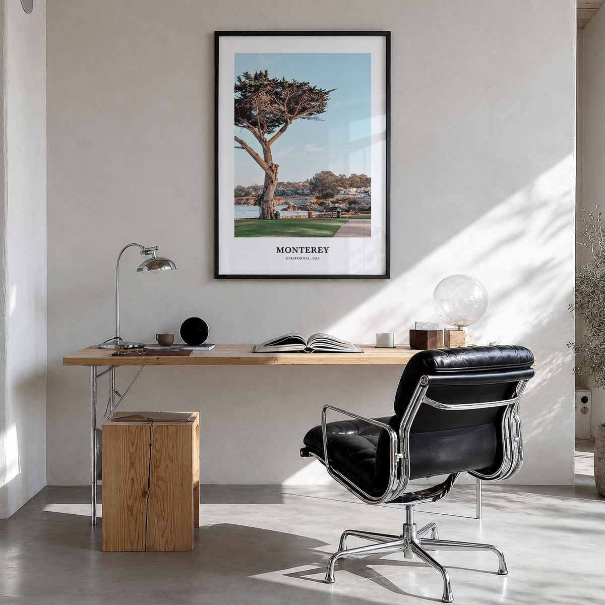 Monterey colorful classic poster of California, USA – vertical wall art in black wood frame, hanging on wall