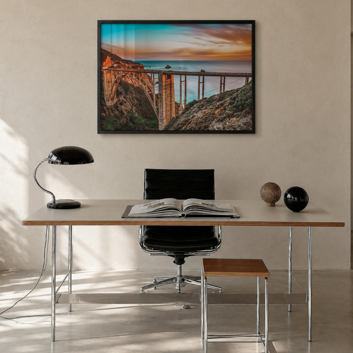 Monterey colorful photo poster of California, USA – horizontal wall art in black wood frame, hanging on wall