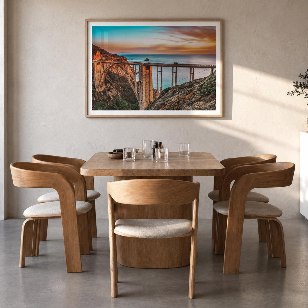 Monterey colorful photo poster of California, USA – horizontal wall art in natural wood frame with white border, hanging on w
