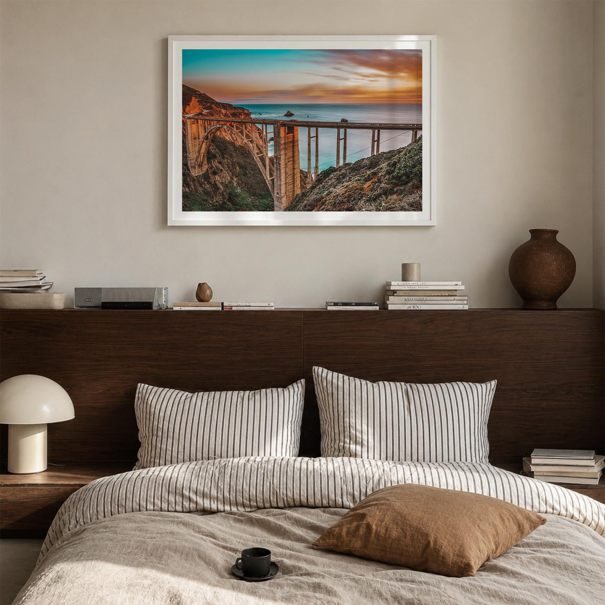 Monterey colorful photo poster of California, USA – horizontal wall art in white wood frame with white border, hanging on wal