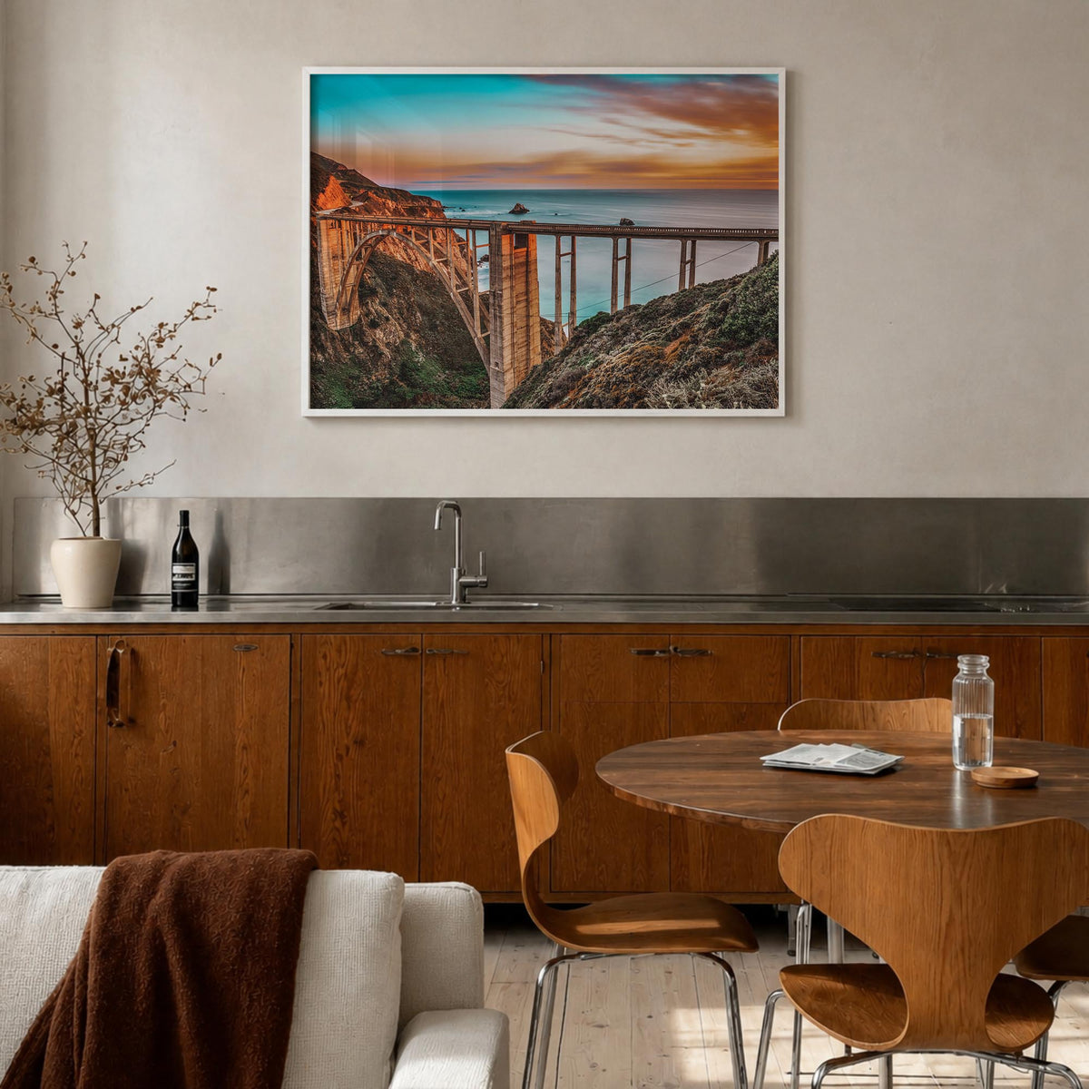 Monterey colorful photo poster of California, USA – horizontal wall art in white wood frame, hanging on wall