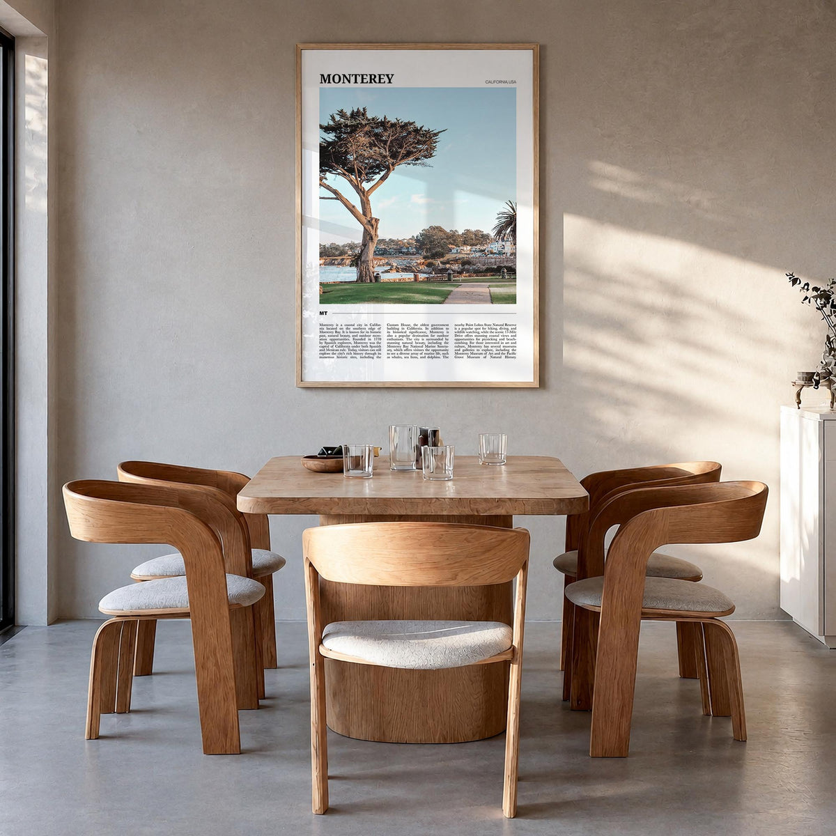 Monterey colorful travel poster of California, USA – vertical wall art in natural wood frame, hanging on wall