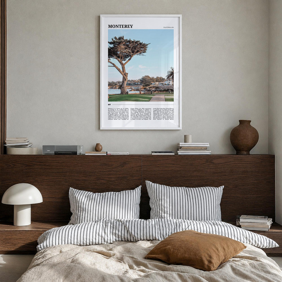 Monterey colorful travel poster of California, USA – vertical wall art in white wood frame, hanging on wall