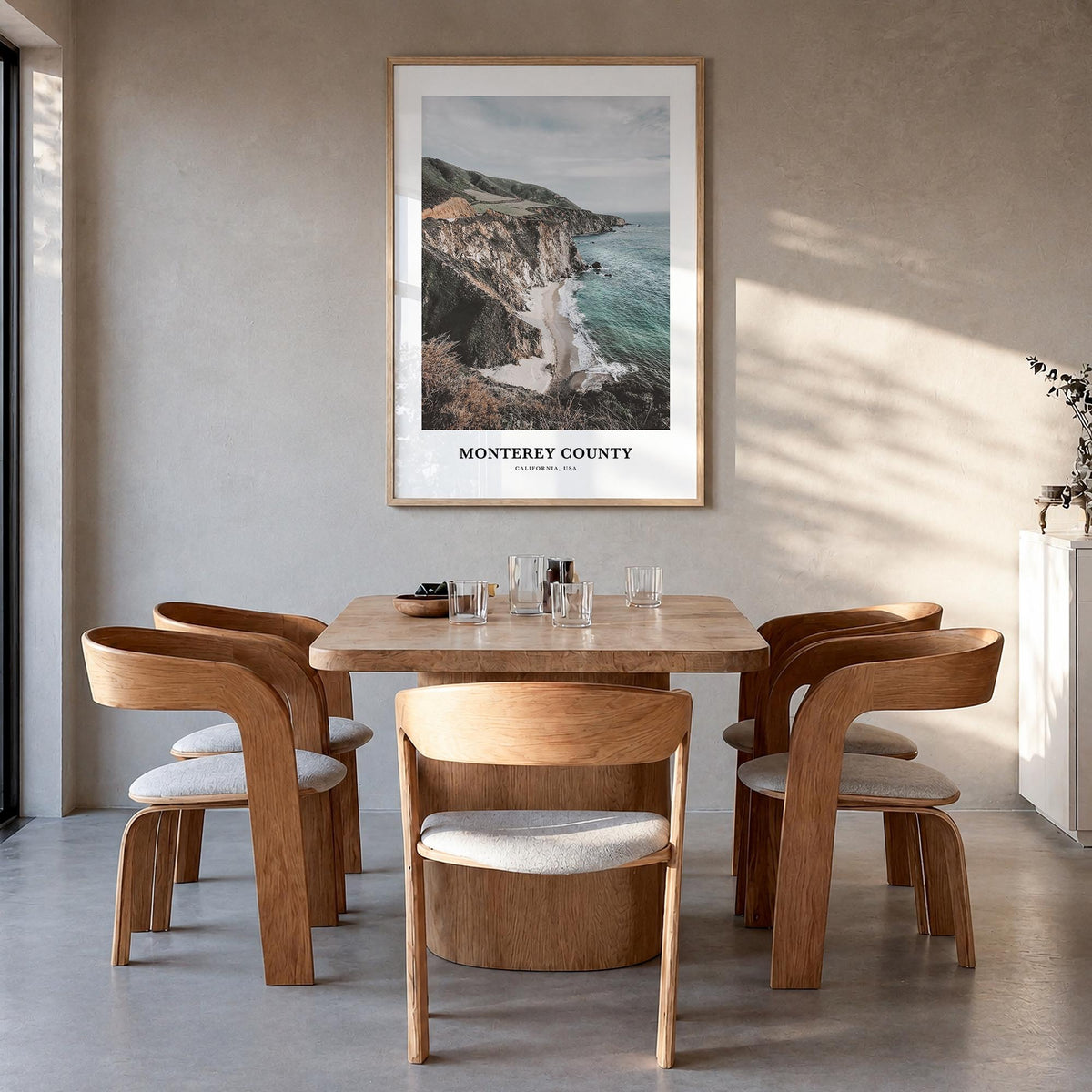 Monterey County colorful classic poster of California, USA – vertical wall art in natural wood frame, hanging on wall
