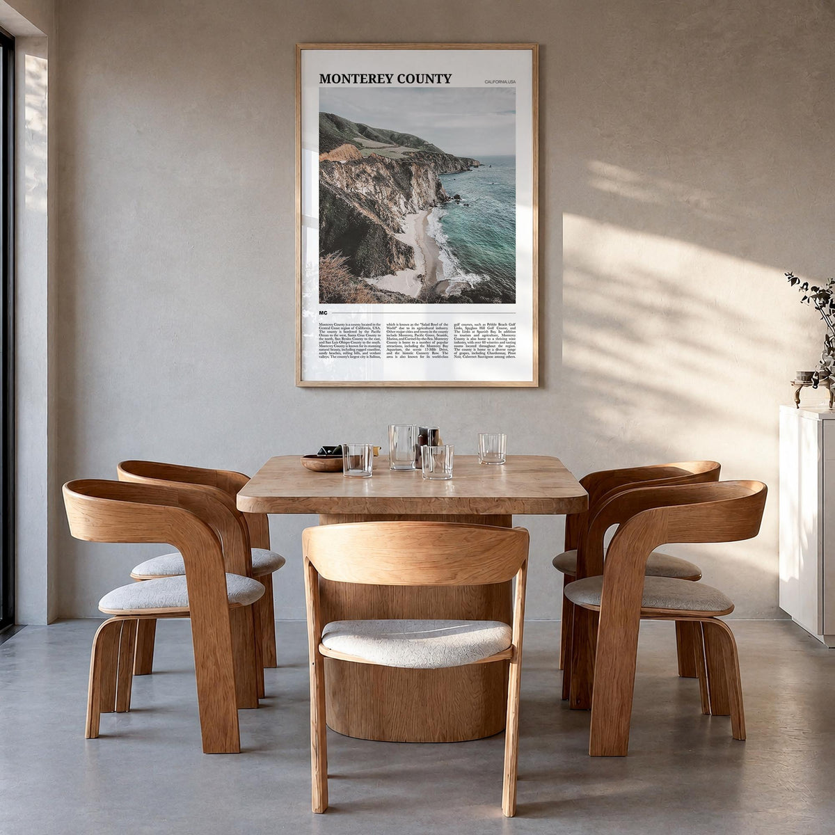 Monterey County colorful travel poster of California, USA – vertical wall art in natural wood frame, hanging on wall