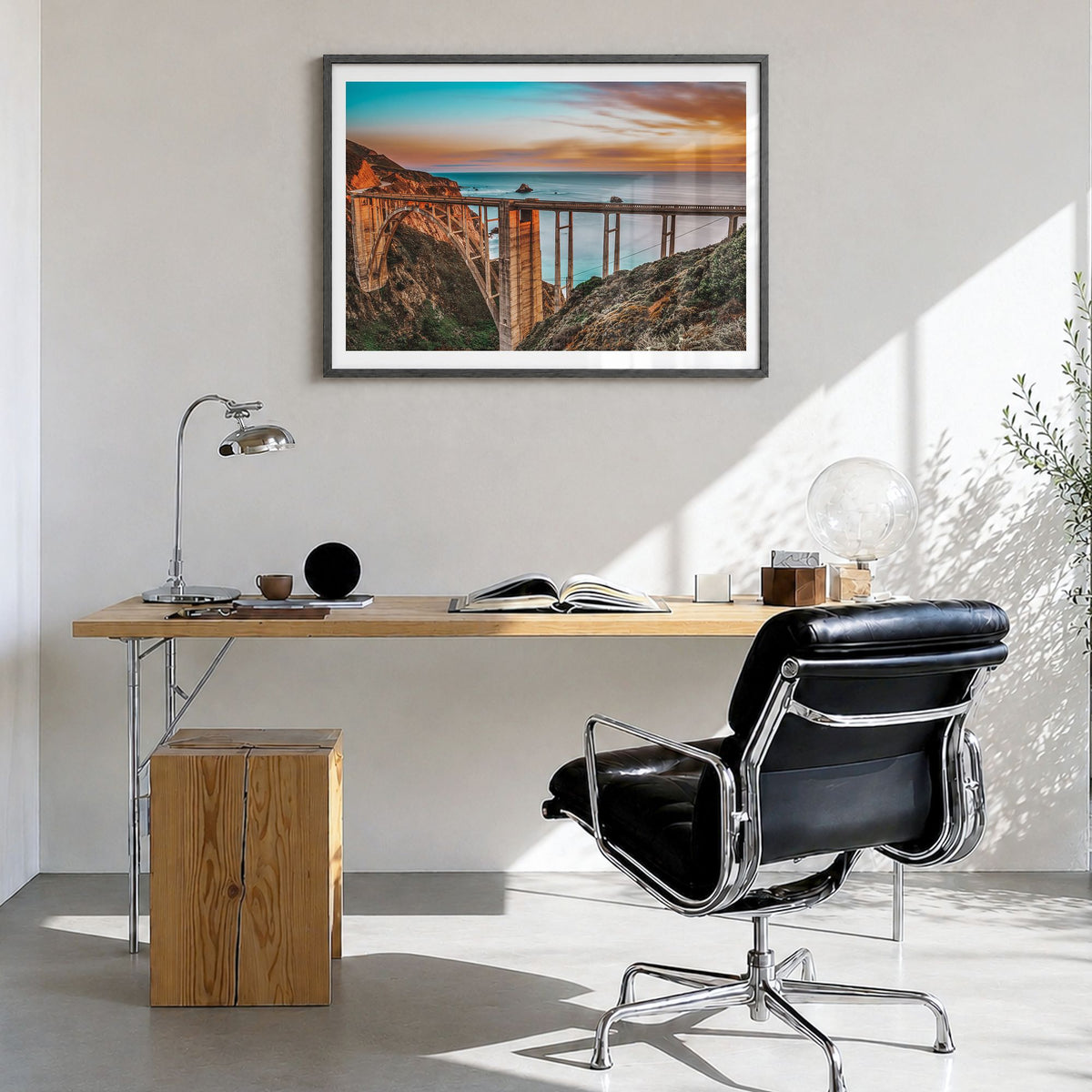 Monterey, California Photo Poster in a black wood frame, hanging in a bright home office, white border