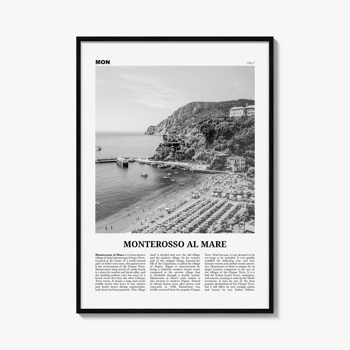 Monterosso al Mare black & white newspaper poster of Italy – vertical wall art, unframed print shown in interior mockup