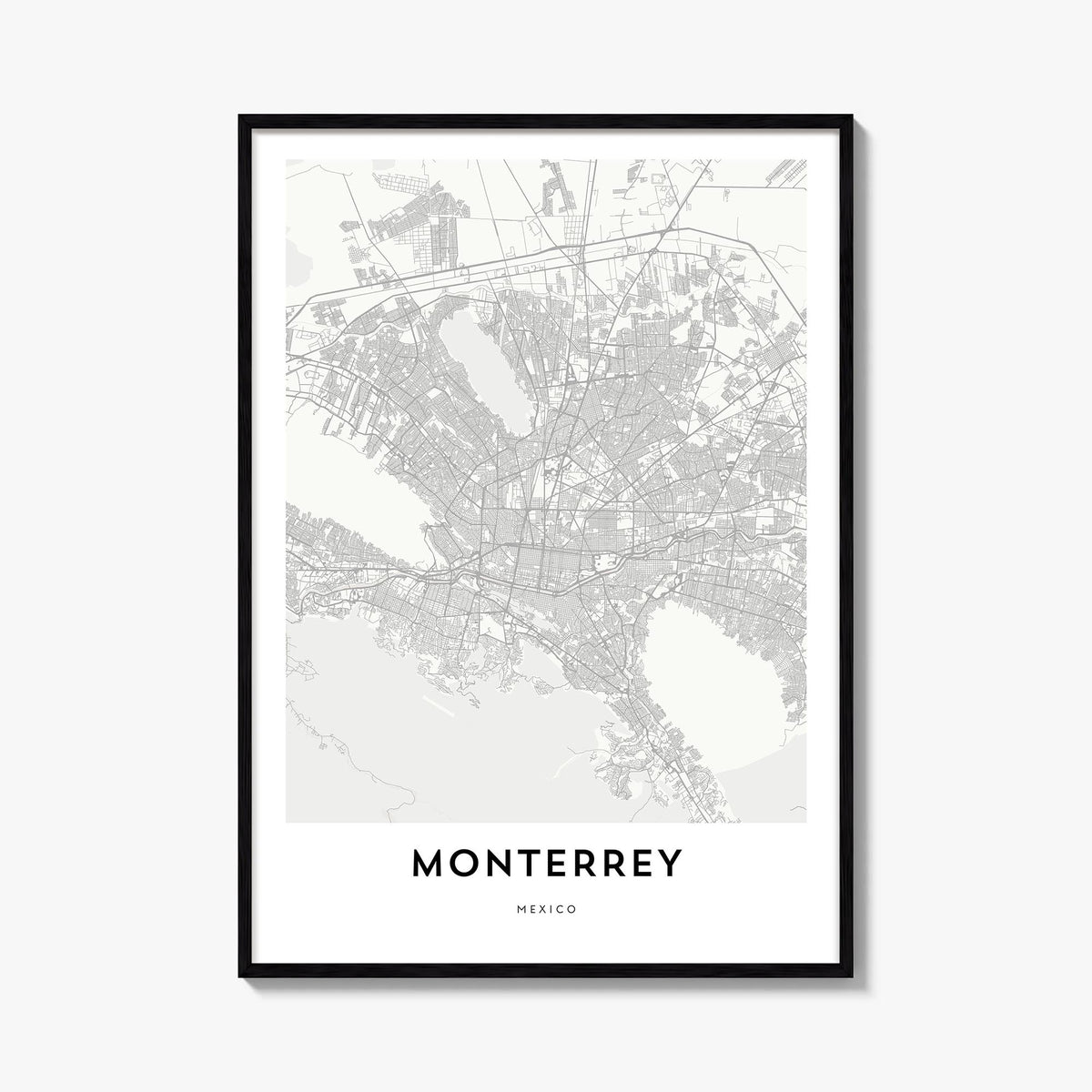 Monterrey black & white map poster of Mexico – vertical wall art, unframed print shown in interior mockup