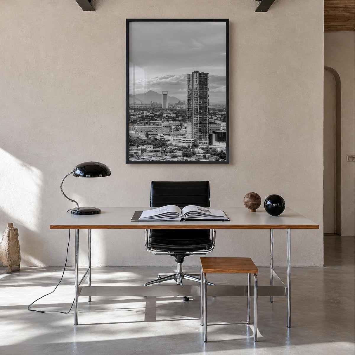 Monterrey black & white photo poster of Mexico – vertical wall art in black wood frame, hanging on wall