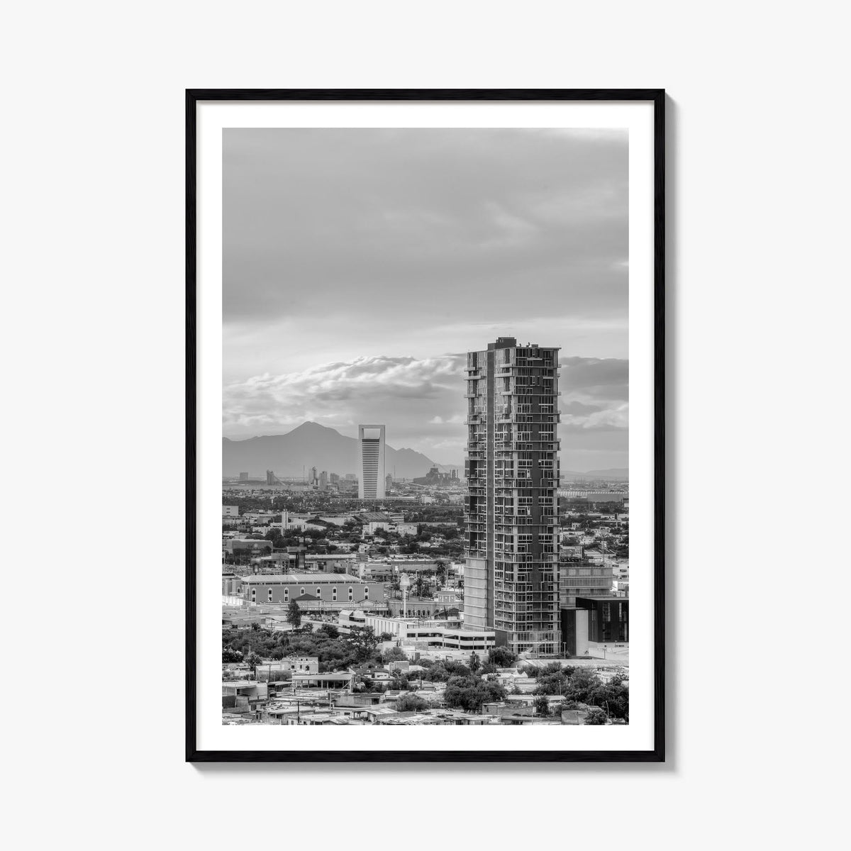 Monterrey black & white photo poster of Mexico – vertical wall art, unframed print shown in interior mockup