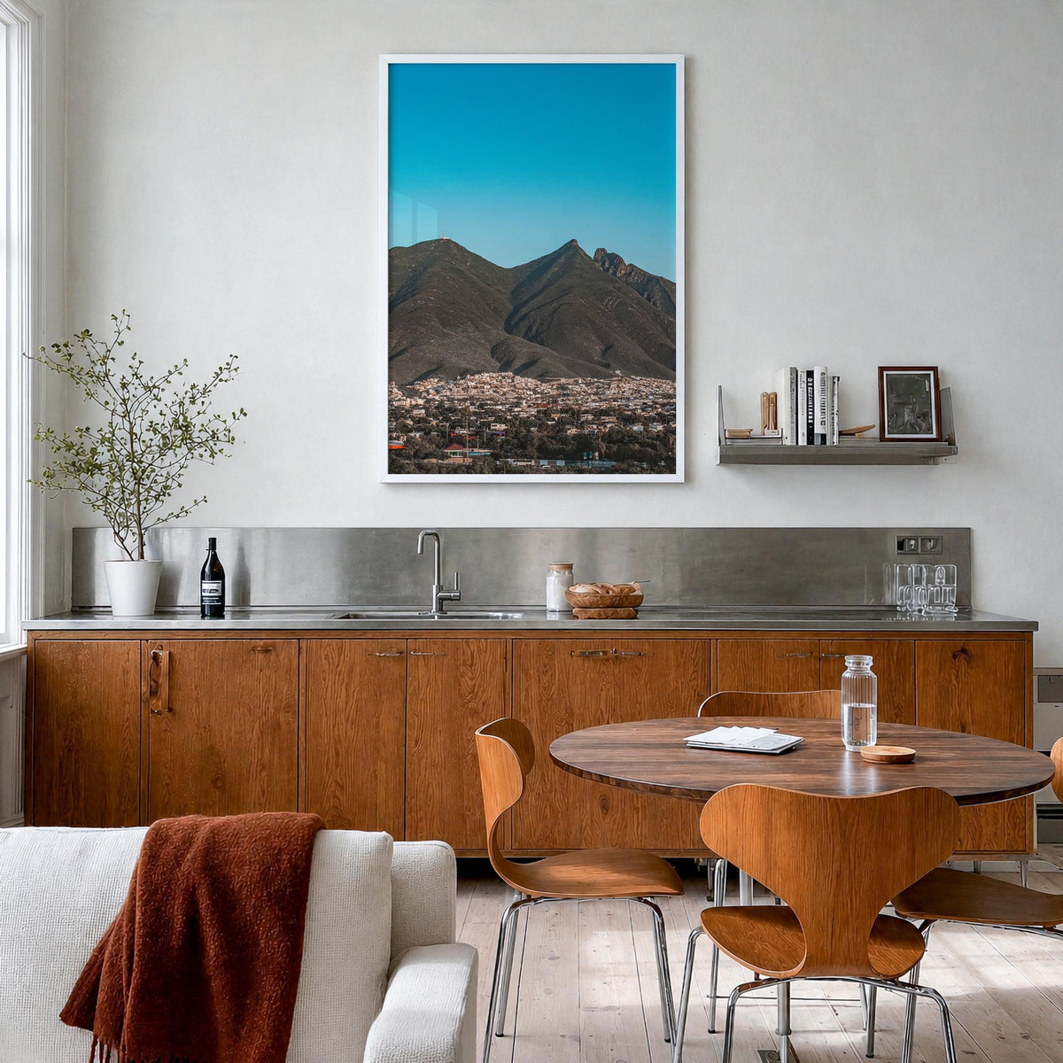 Monterrey colorful photo poster of Mexico – vertical wall art in white wood frame, hanging on wall