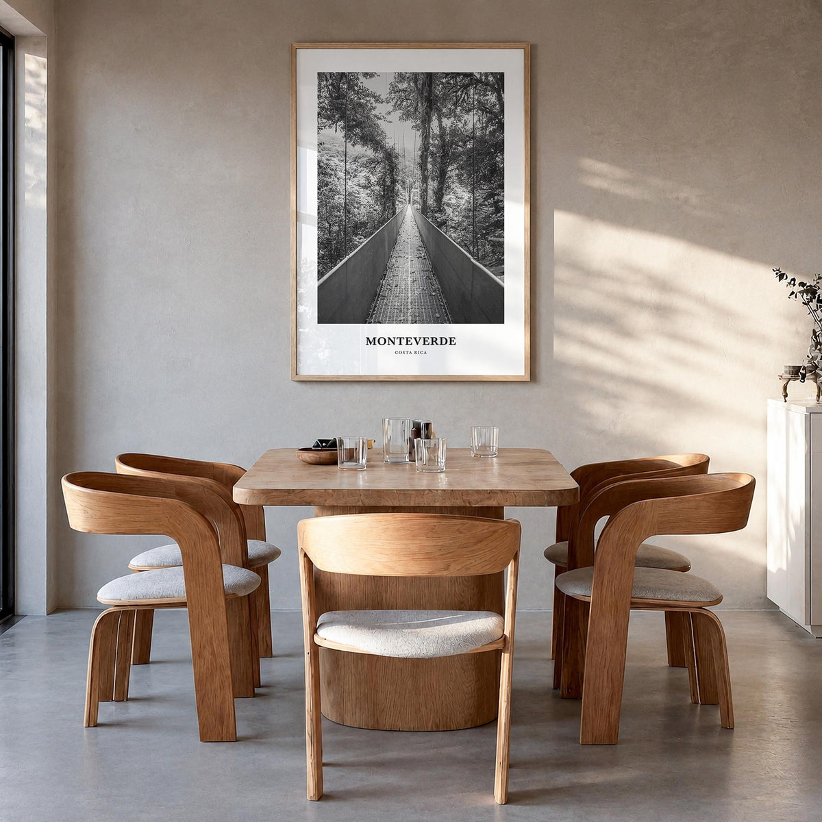 Monteverde black & white classic poster of Costa Rica – vertical wall art in natural wood frame, hanging on wall