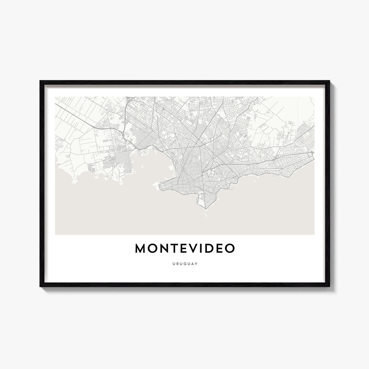 Montevideo black & white map poster of Uruguay – horizontal wall art, unframed print shown in interior mockup