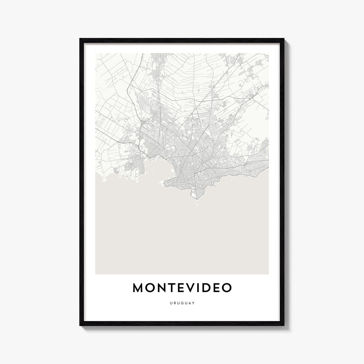 Montevideo black & white map poster of Uruguay – vertical wall art, unframed print shown in interior mockup