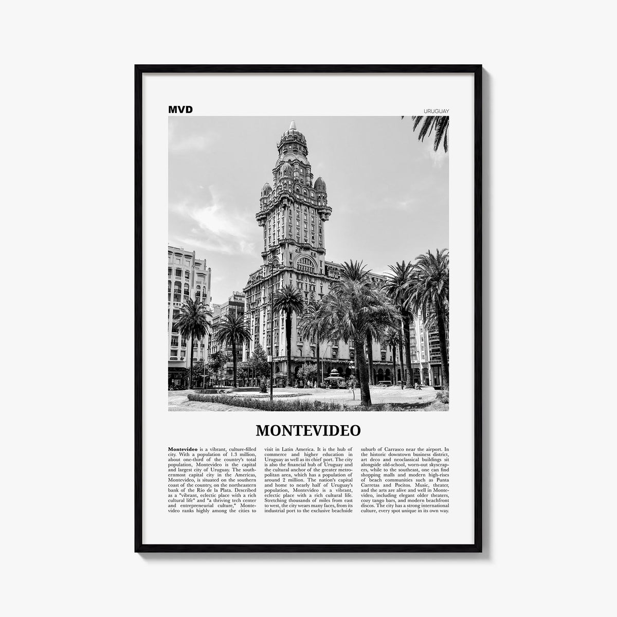 Montevideo black & white newspaper poster of Uruguay – vertical wall art, unframed print shown in interior mockup