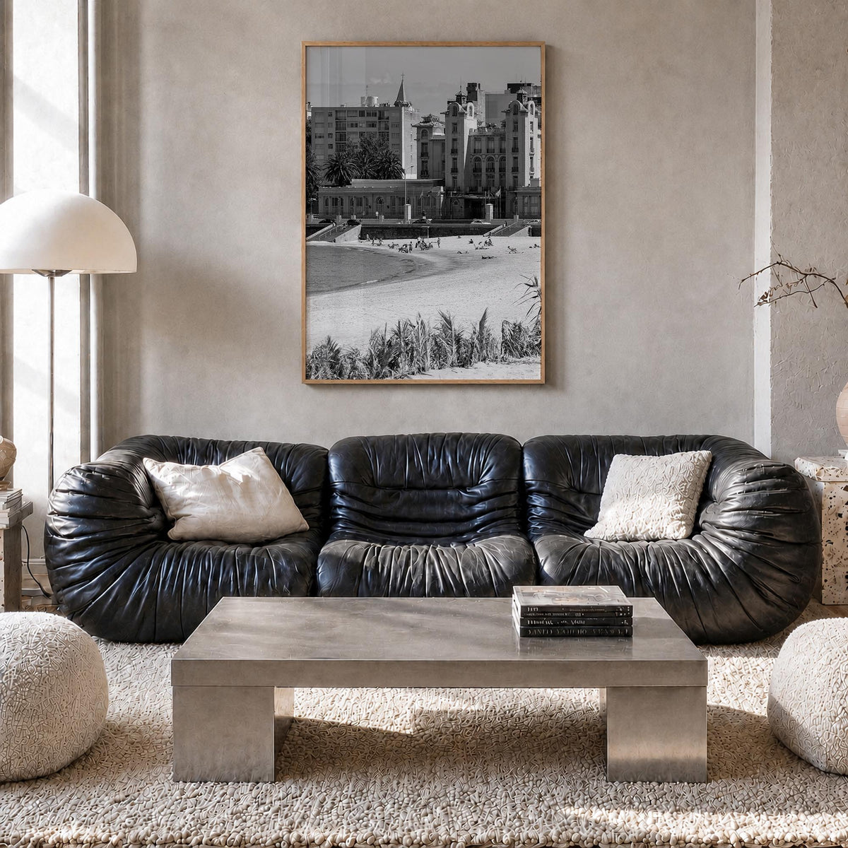 Montevideo black & white photo poster of Uruguay – vertical wall art in natural wood frame, hanging on wall