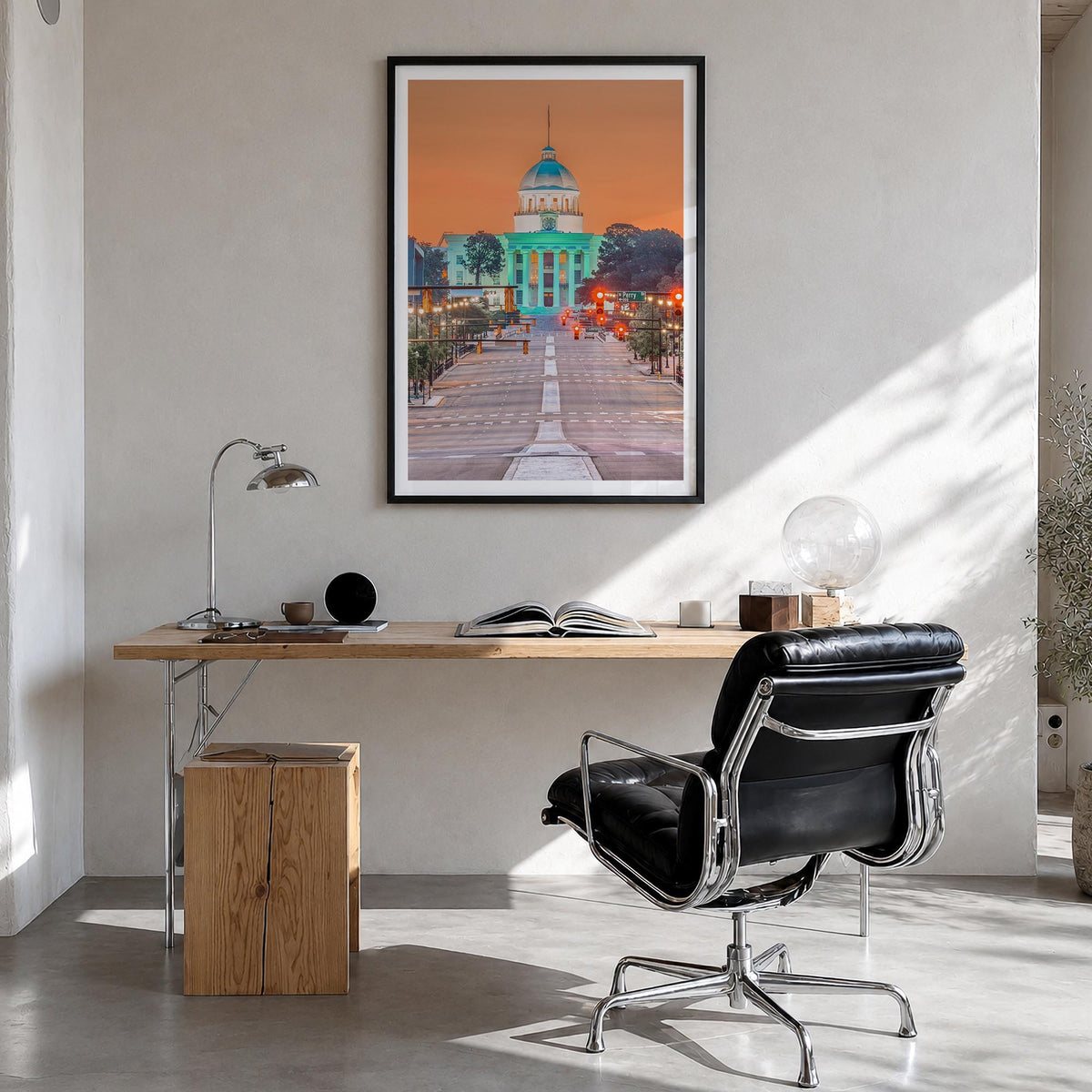 Montgomery colorful photo poster of Alabama, USA – vertical wall art in black wood frame with white border, hanging on wall
