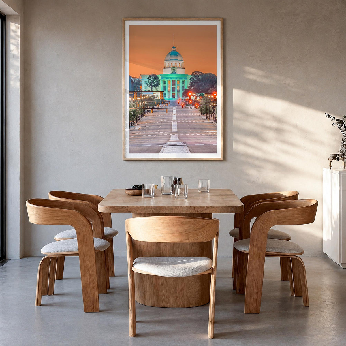 Montgomery colorful photo poster of Alabama, USA – vertical wall art in natural wood frame with white border, hanging on wall