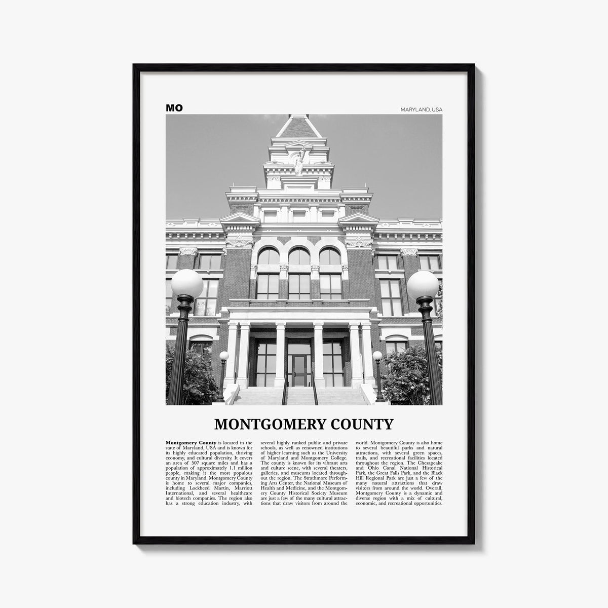 Montgomery County black & white newspaper poster of Maryland, USA – vertical wall art, unframed print shown in interior mocku