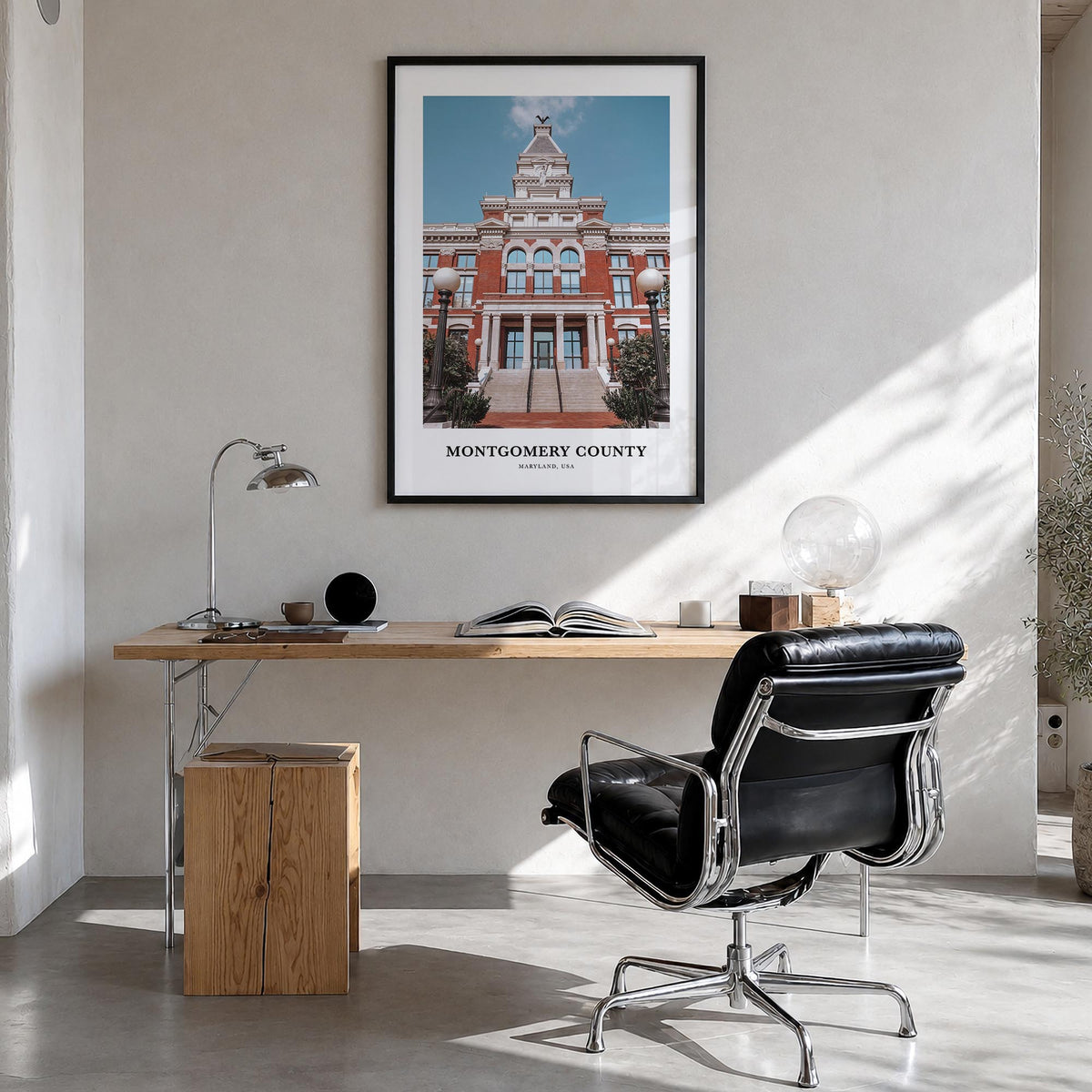 Montgomery County colorful classic poster of Maryland, USA – vertical wall art in black wood frame, hanging on wall