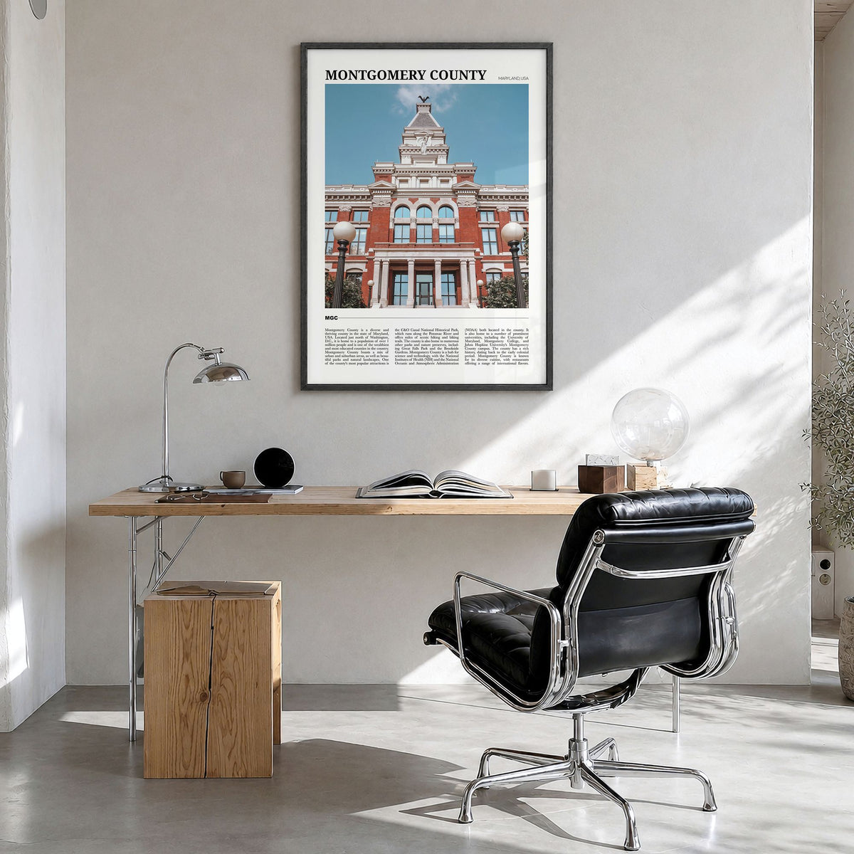 Montgomery County, Maryland Travel Poster in a black wood frame, hanging in a bright home office