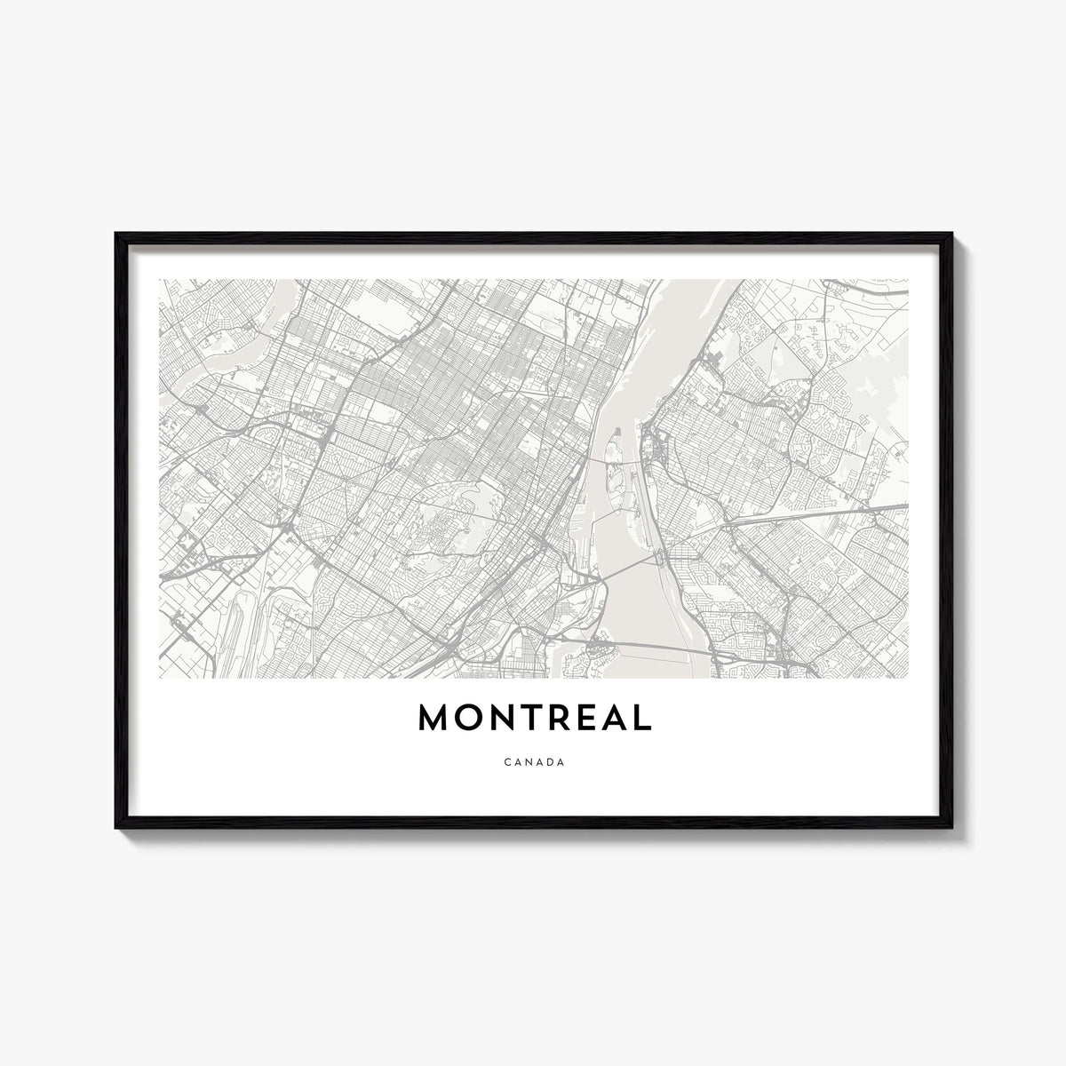 Montreal black & white map poster of Quebec, Canada – horizontal wall art, unframed print shown in interior mockup