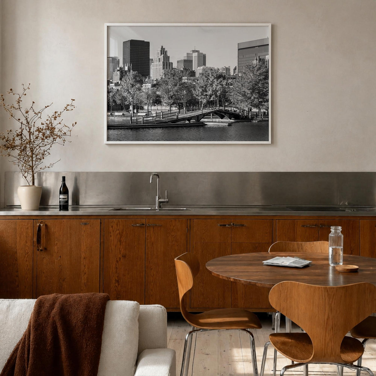 Montreal black & white photo poster of Quebec, Canada – horizontal wall art in white wood frame, hanging on wall