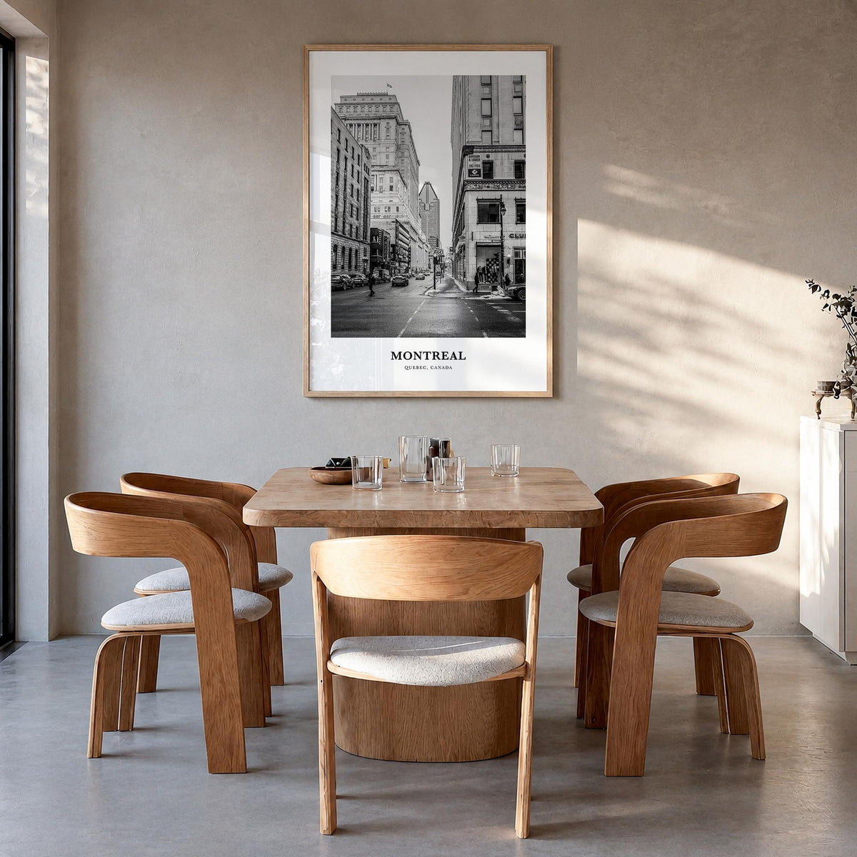 Montreal no. 1 black & white classic poster of Quebec, Canada – vertical wall art in natural wood frame, hanging on wall