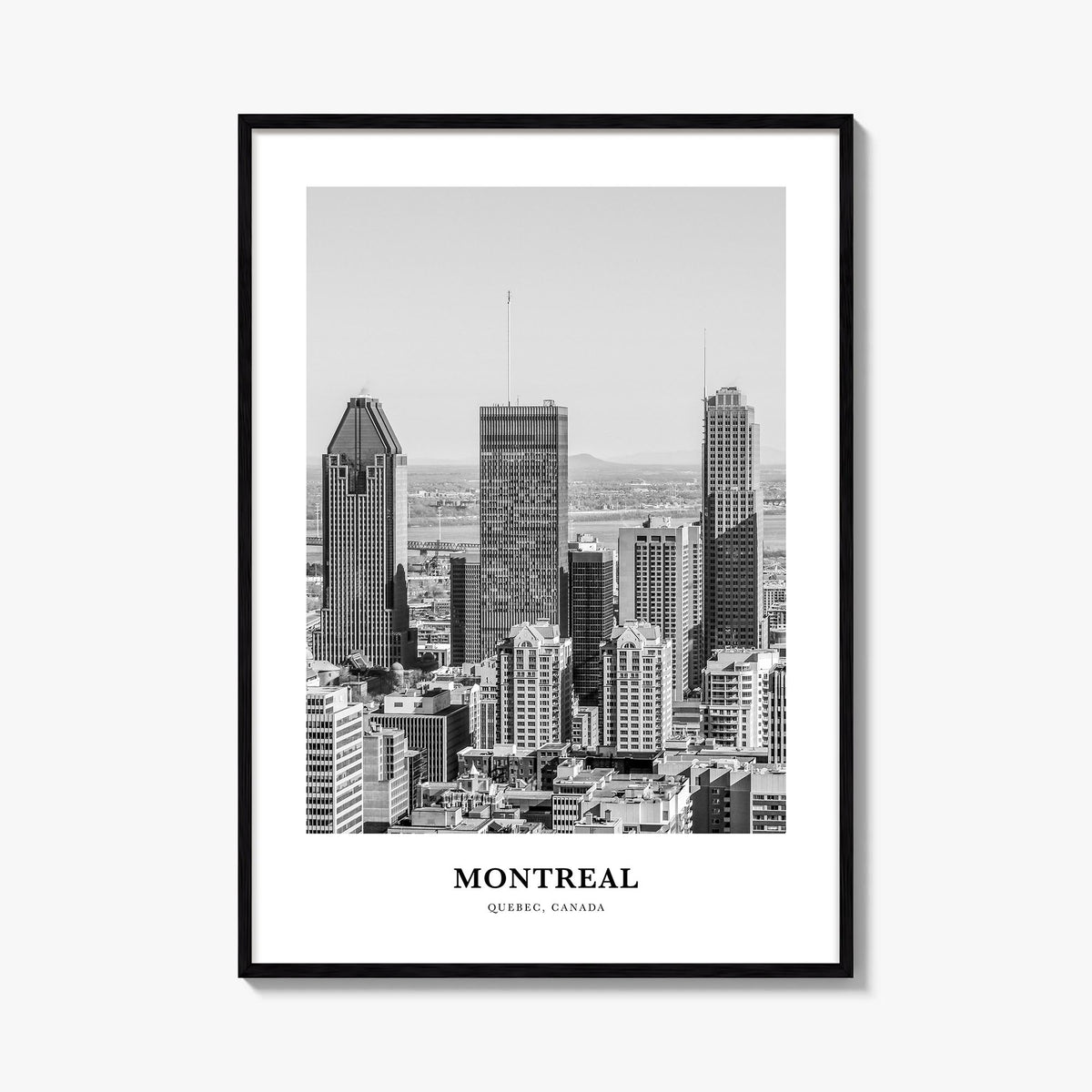 Montreal no. 2 black & white classic poster of Quebec, Canada – vertical wall art, unframed print shown in interior mockup