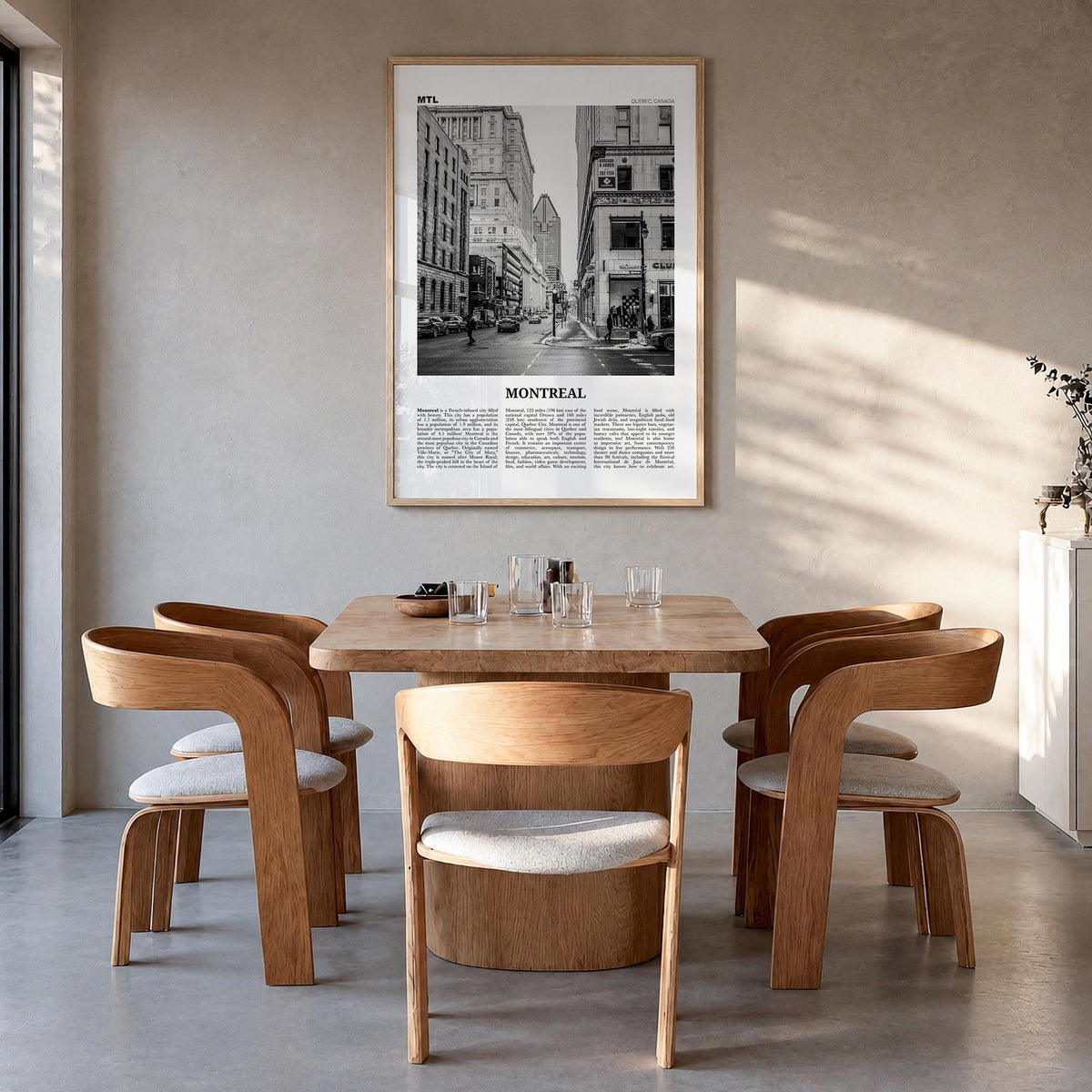Montreal no. 2 black & white newspaper poster of Quebec, Canada – vertical wall art in natural wood frame, hanging on wall