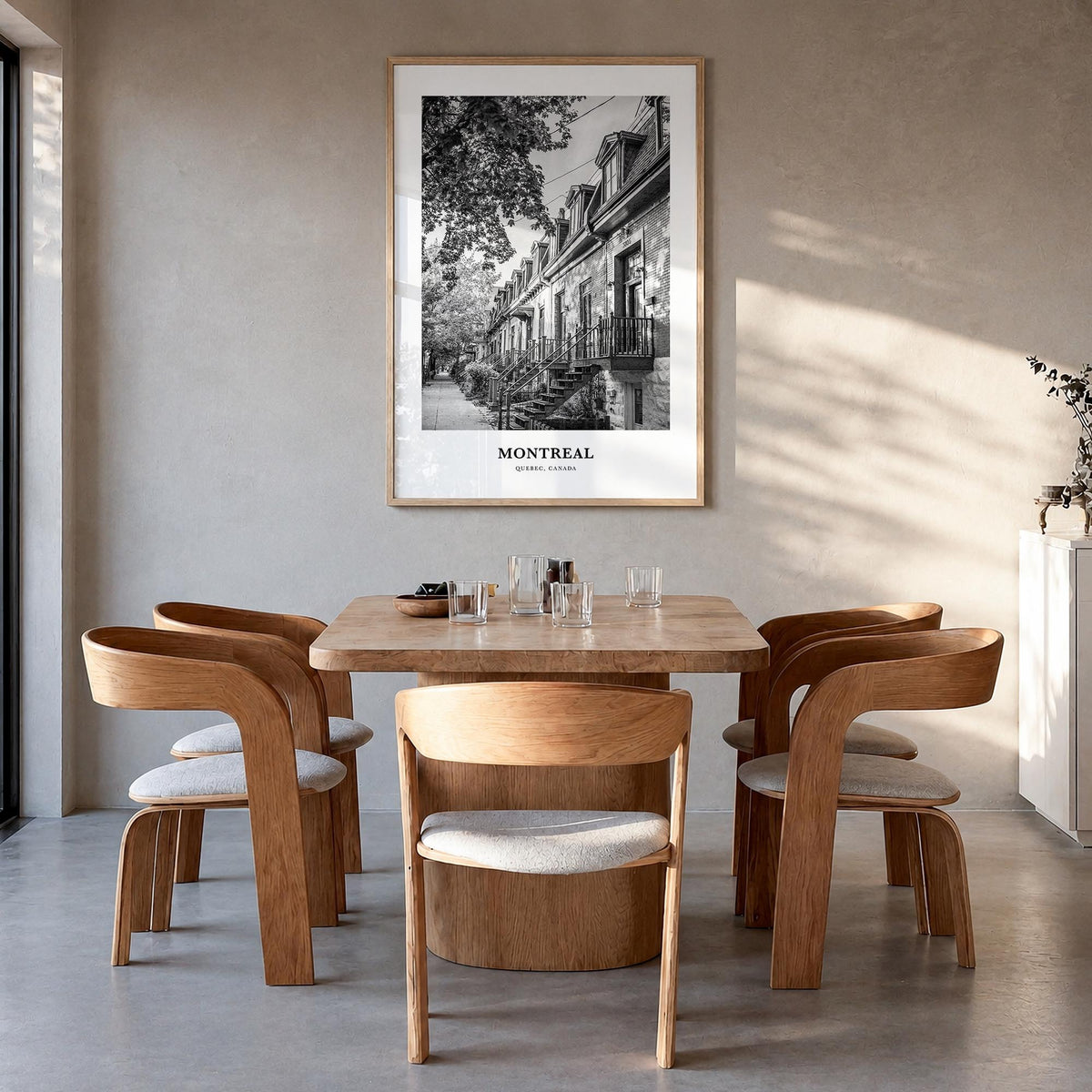 Montreal no. 3 black & white classic poster of Quebec, Canada – vertical wall art in natural wood frame, hanging on wall