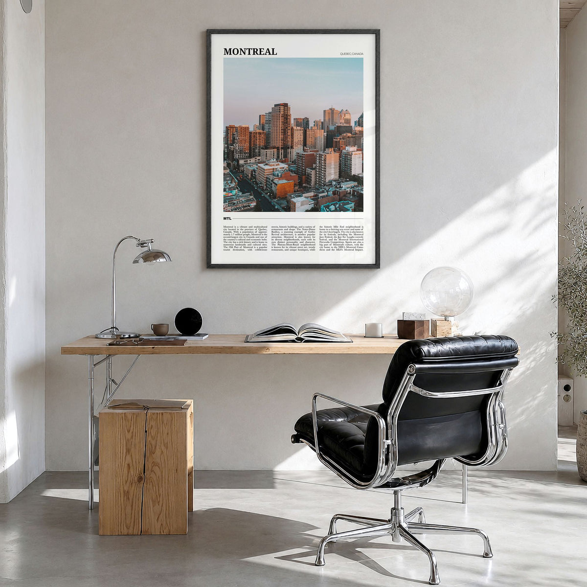Montreal Travel No 1 Poster in a black wood frame, hanging in a bright home office