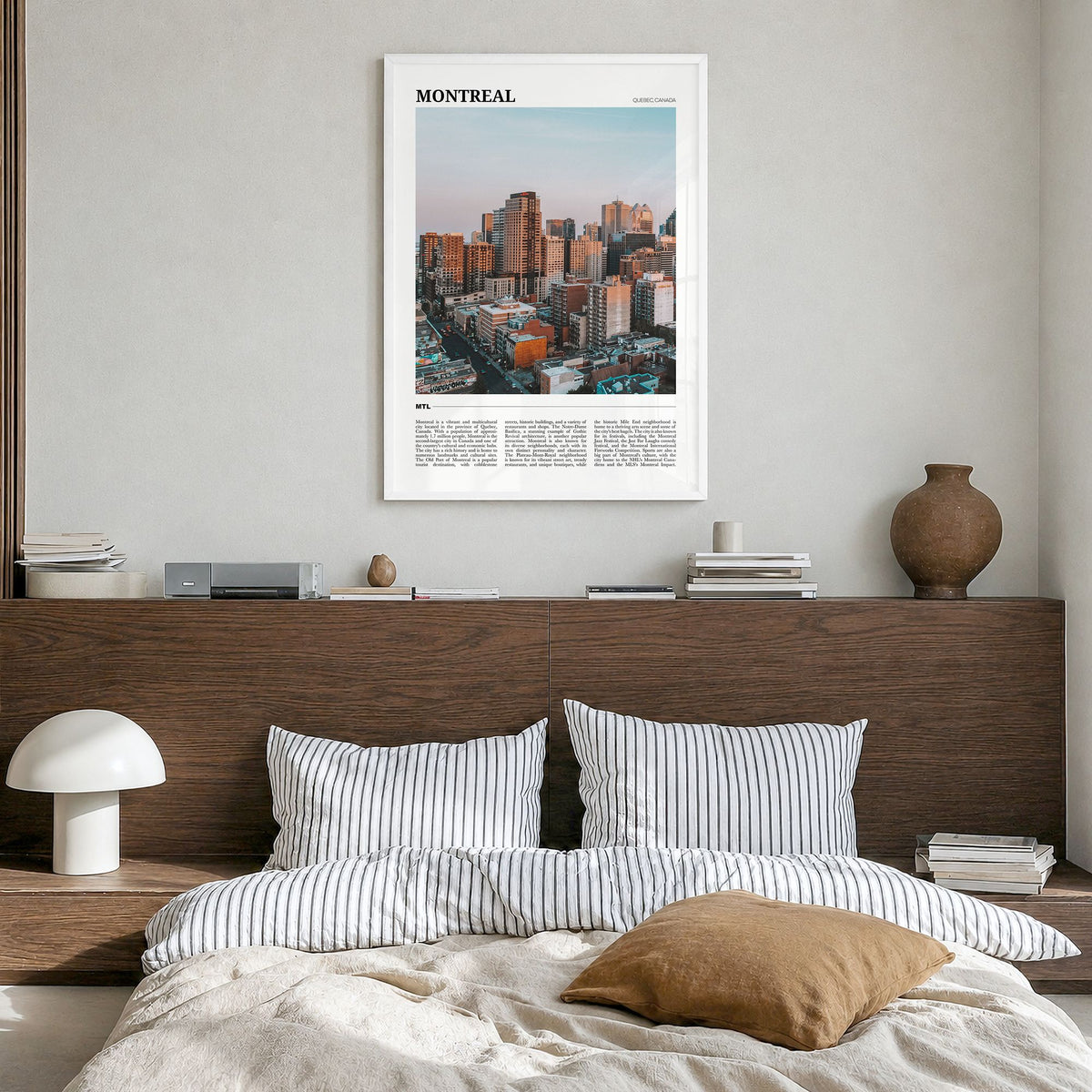 Montreal Travel No 1 Poster in a white wood frame, hanging in a bedroom