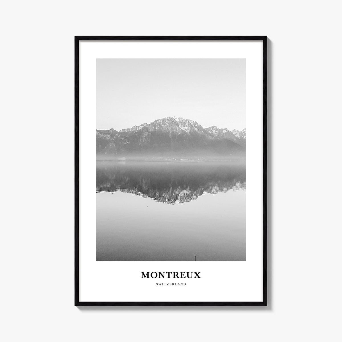 Montreux black & white classic poster of Switzerland – vertical wall art, unframed print shown in interior mockup