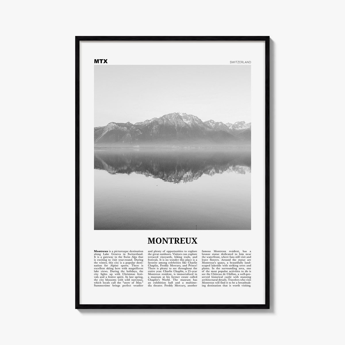 Montreux black & white newspaper poster of Switzerland – vertical wall art, unframed print shown in interior mockup