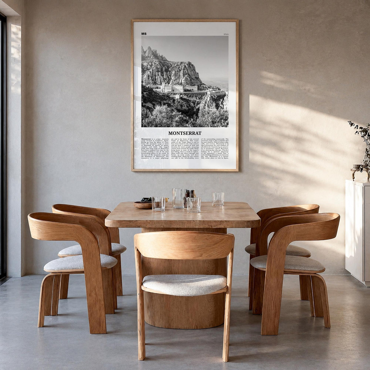 Montserrat, Spain black & white newspaper poster of Spain – vertical wall art in natural wood frame, hanging on wall