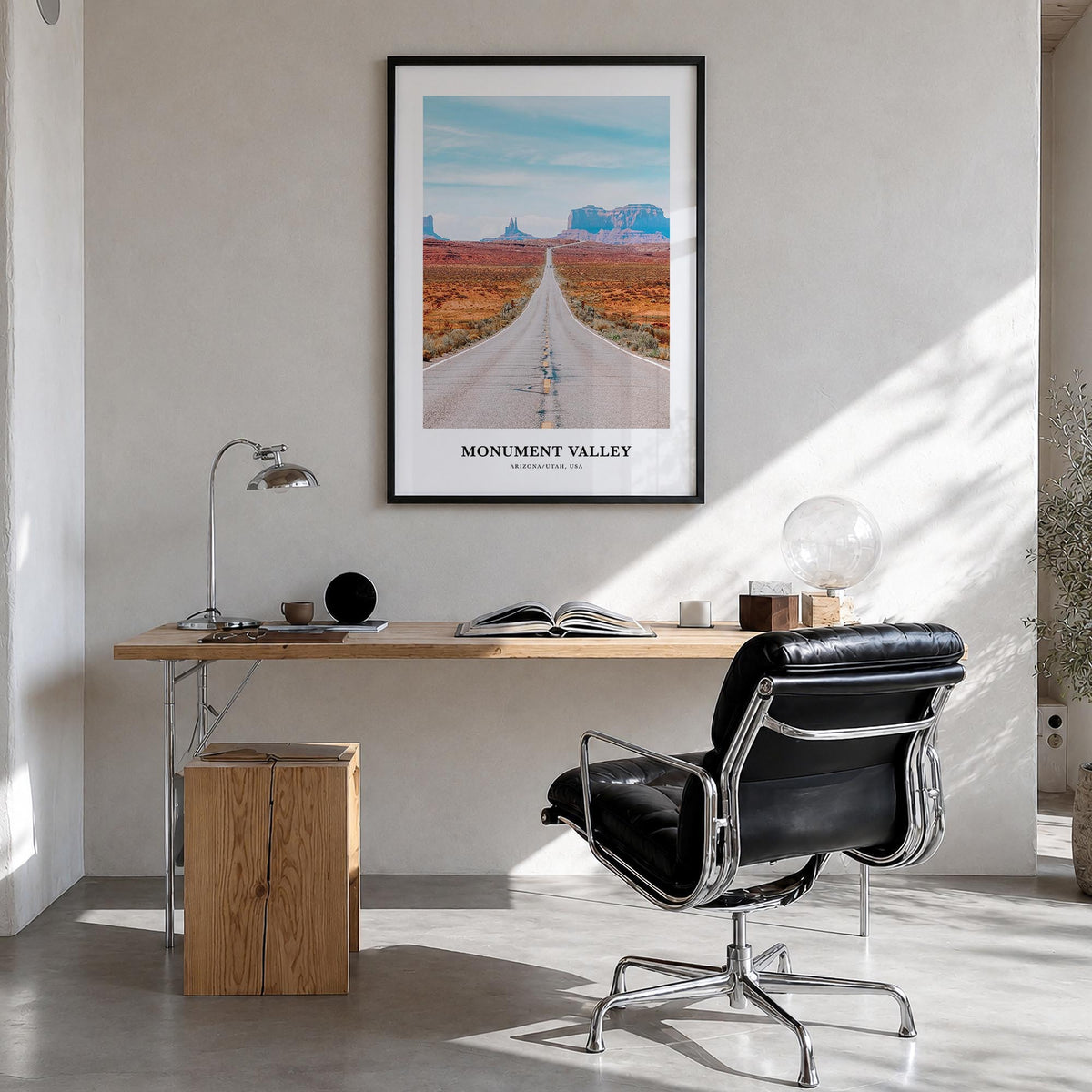 Monument Valley colorful classic poster of Utah & Arizona, USA – vertical wall art in black wood frame, hanging on wall