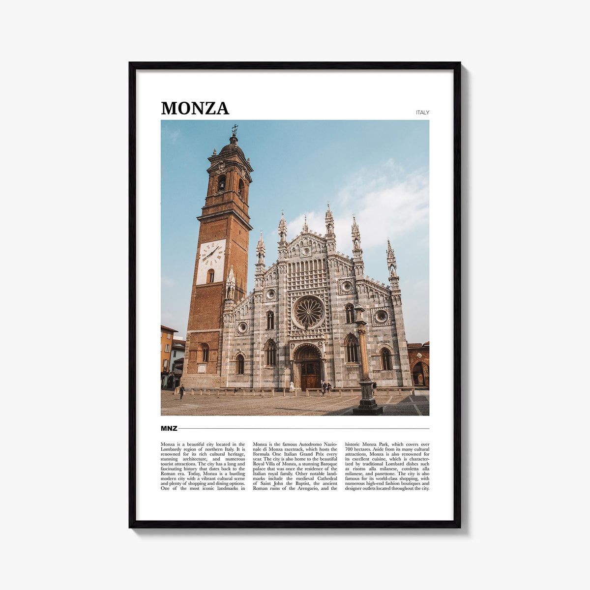 Monza colorful travel poster of Italy – vertical wall art, unframed print shown in interior mockup