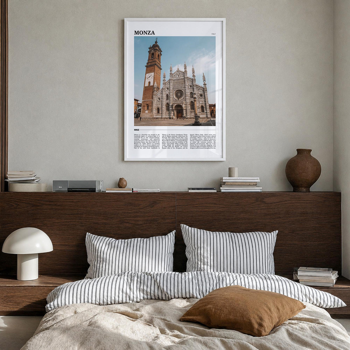 Monza colorful travel poster of Italy – vertical wall art in white wood frame, hanging on wall