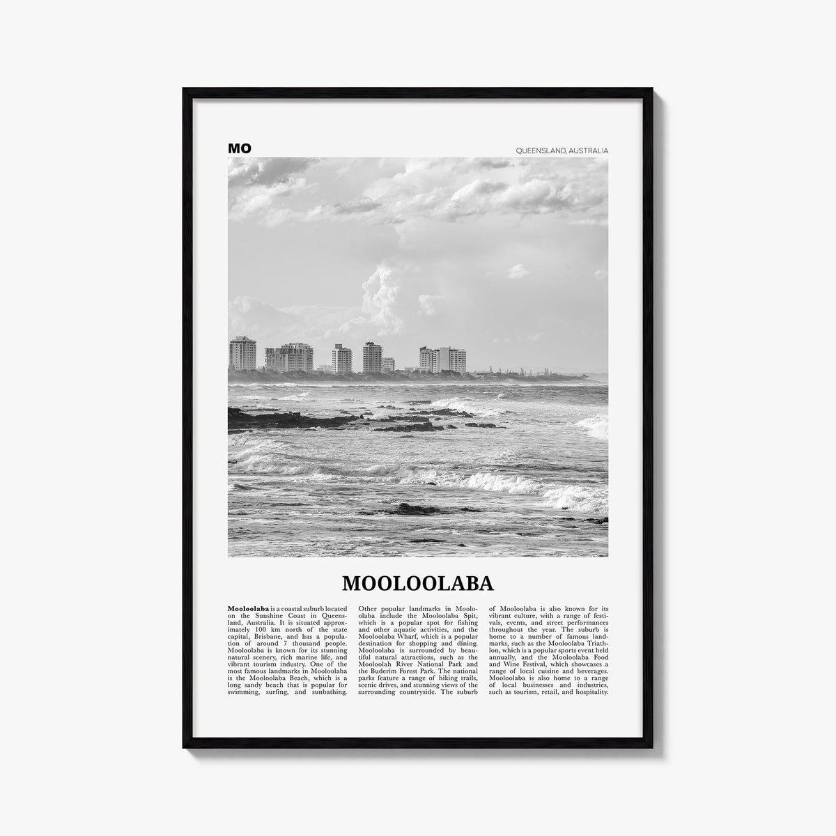 Mooloolaba black & white newspaper poster of Australia – vertical wall art, unframed print shown in interior mockup