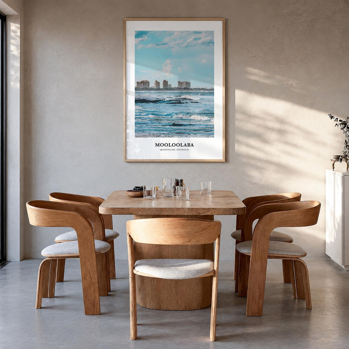 Mooloolaba colorful classic poster of Australia – vertical wall art in natural wood frame, hanging on wall
