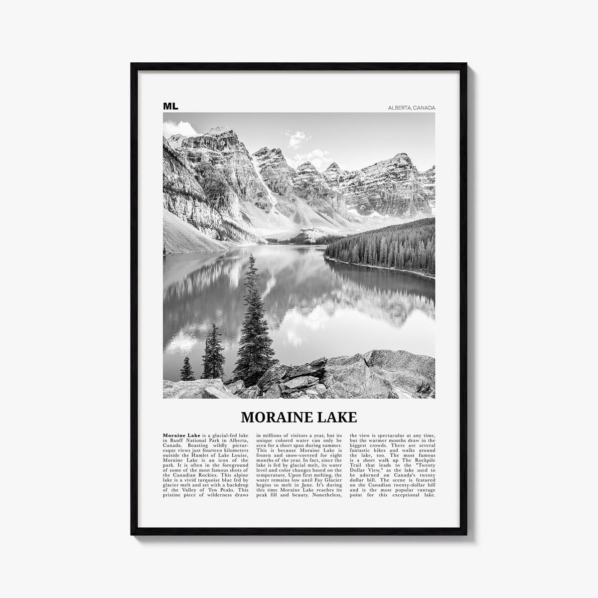 Moraine Lake black & white newspaper poster of Canada – vertical wall art, unframed print shown in interior mockup