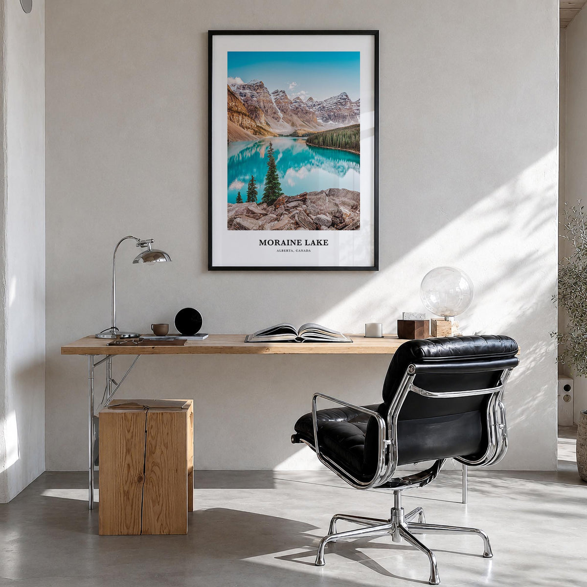 Moraine Lake colorful classic poster of Canada – vertical wall art in black wood frame, hanging on wall