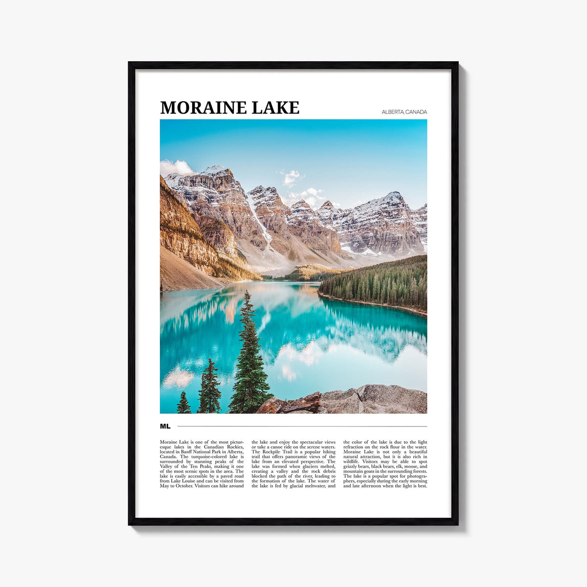 Moraine Lake colorful travel poster of Canada – vertical wall art, unframed print shown in interior mockup