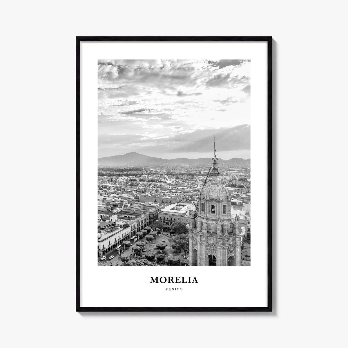 Morelia black & white classic poster of Mexico – vertical wall art, unframed print shown in interior mockup