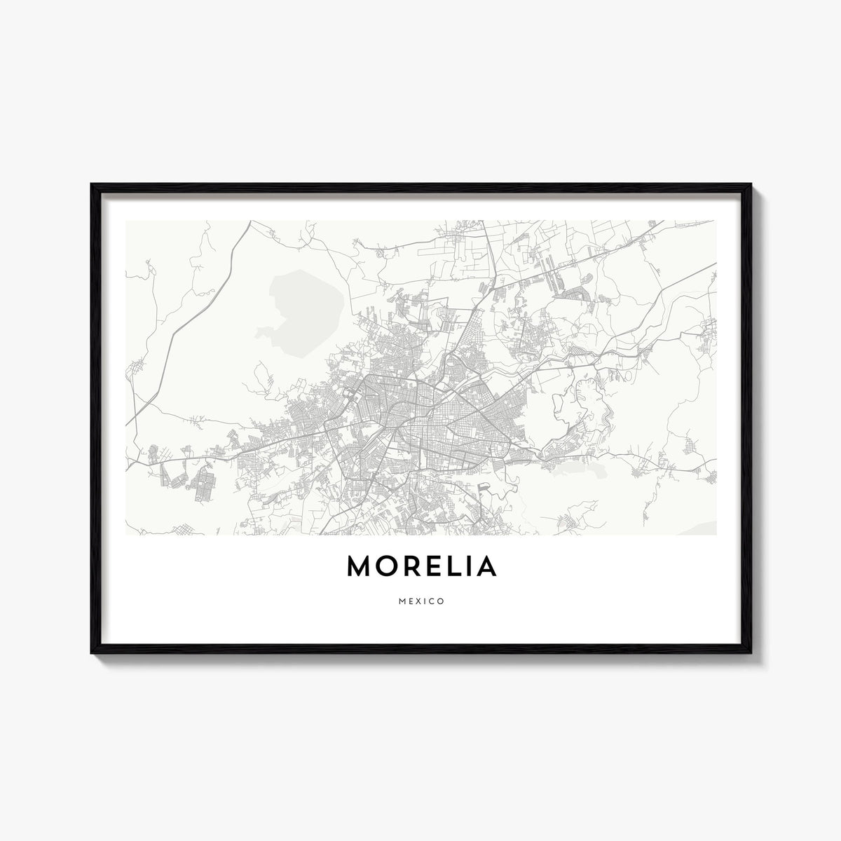 Morelia black & white map poster of Mexico – horizontal wall art, unframed print shown in interior mockup